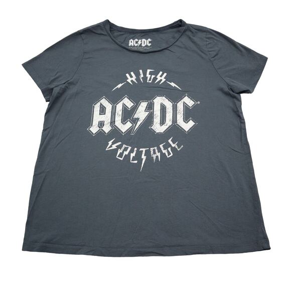 ACDC Shirt Womens L Gray Short Sleeve Round Neck Knit Cotton Print Casual Tee - Picture 1 of 13